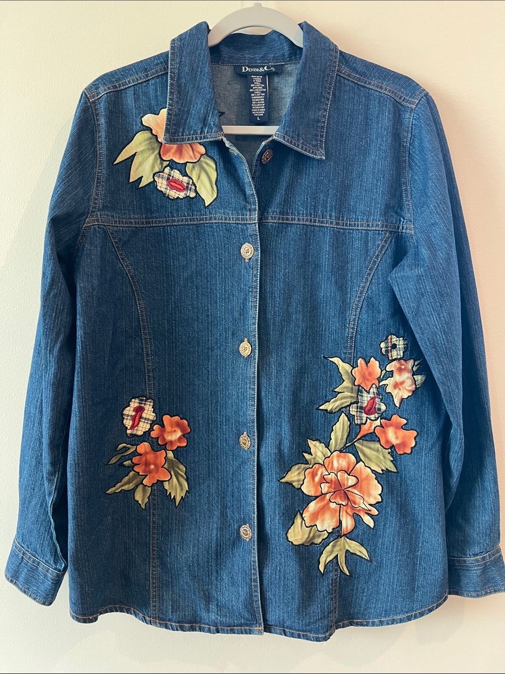Blue Jean button up women large embroidered fall floral cottage